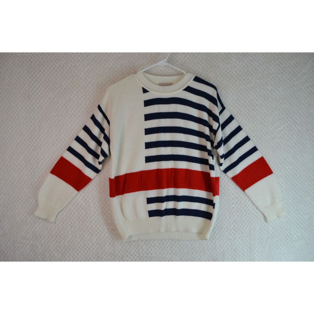 VTG Classic Directions Women's Medium White Blue Sweater Coastal Grandma